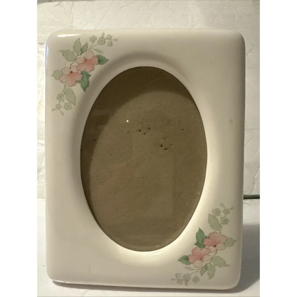 Ceramic Photo Frame Pink Tea Roses Simple Oval 5 X 7 Display Cottage Vtg